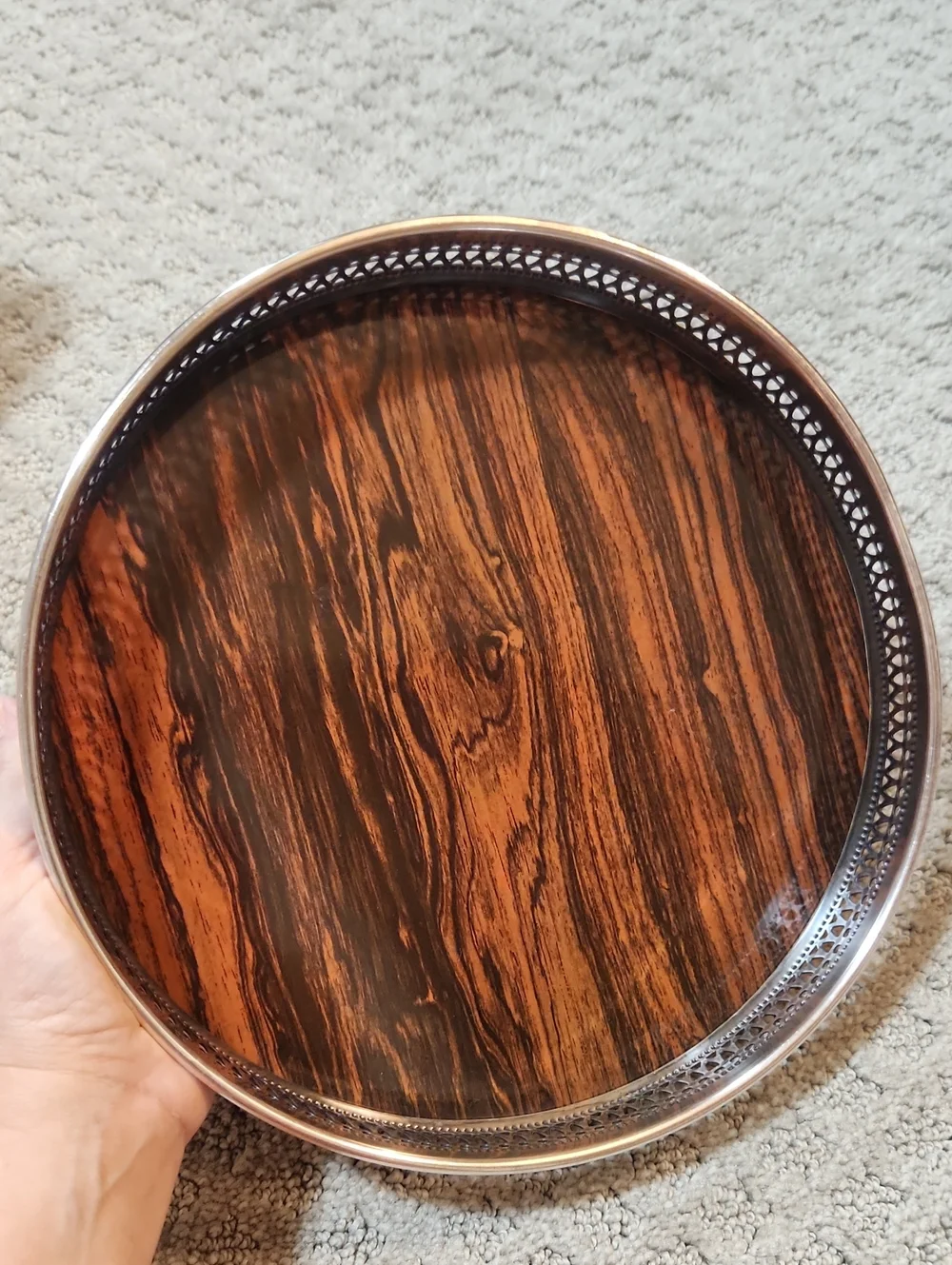 Vintage MCM Sheffield Round Silverplate Tray With Wood Look Formica Surface